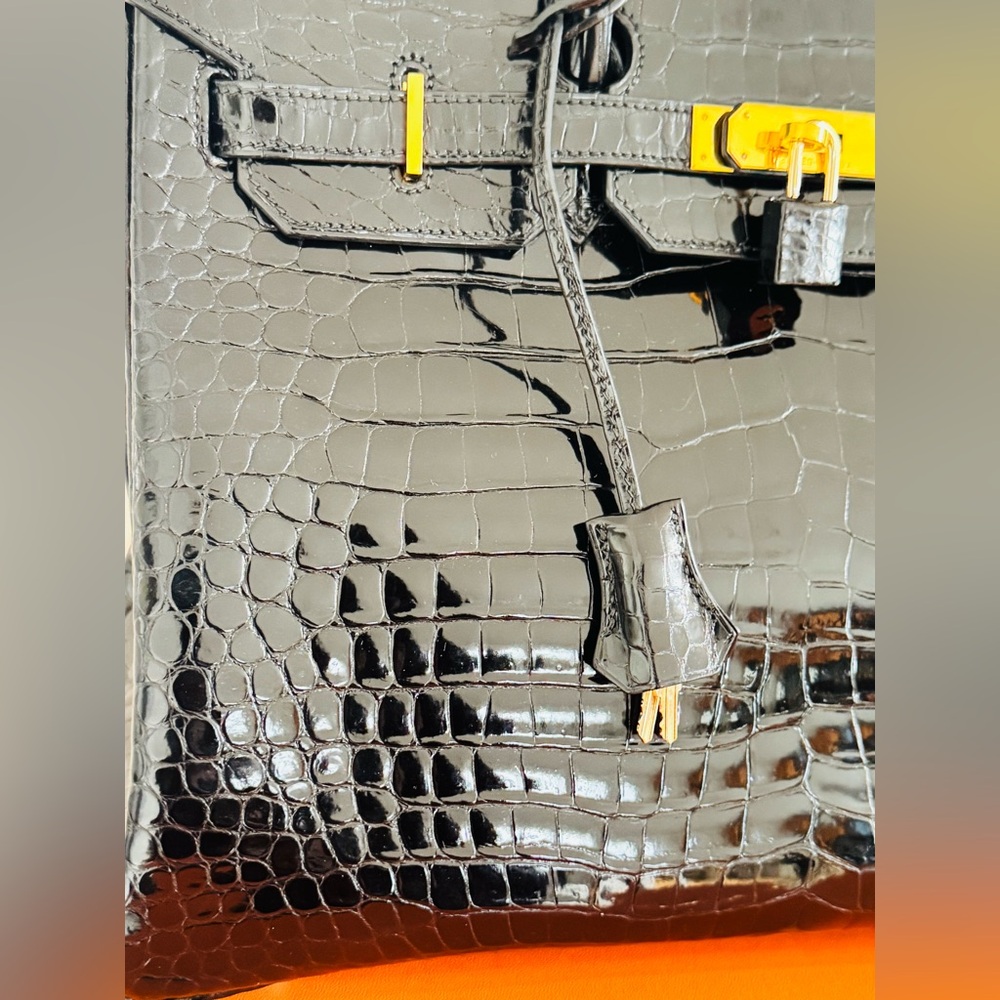 Hermès Birkin 35 – Shiny Porosus Crocodile, Black Box Dust Bag keys Clothette - Picture 14 of 16